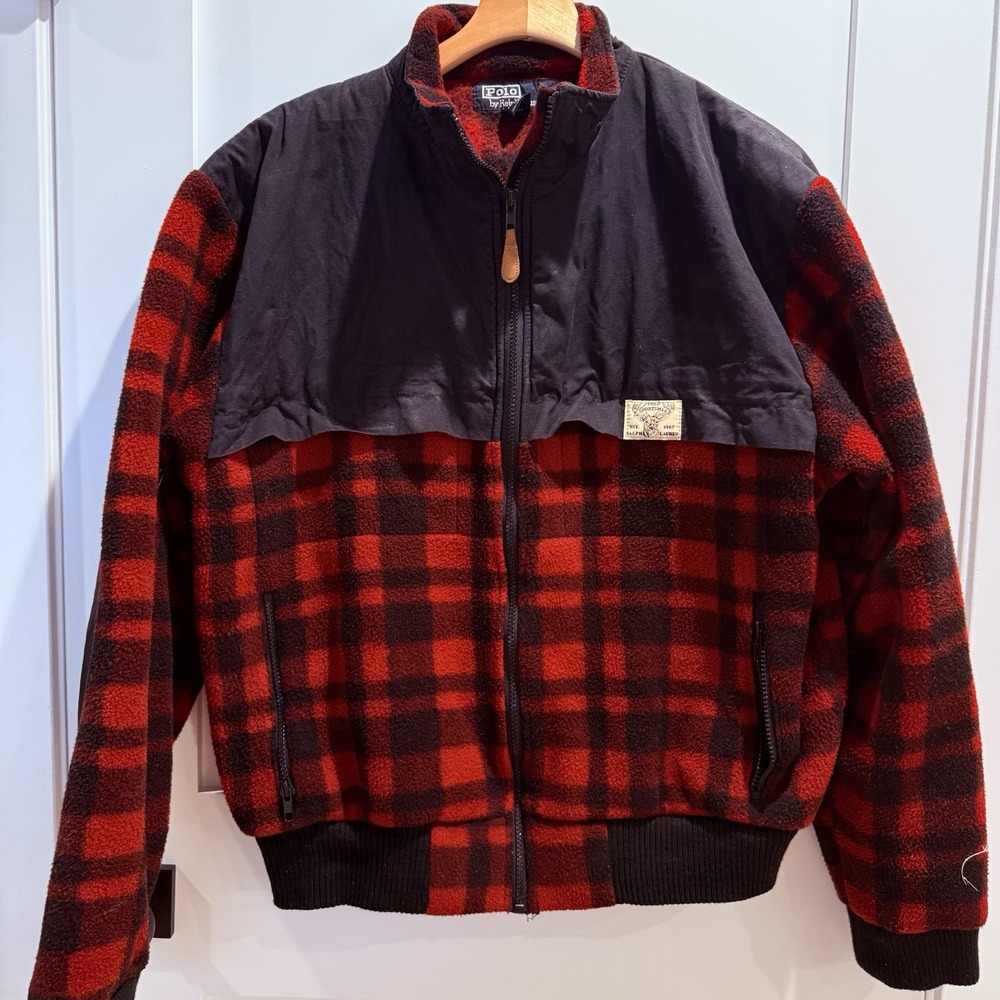 VTG Polo Ralph Lauren Sportsman Plaid Fleece Jacket Mens M Red Black 90's USA
